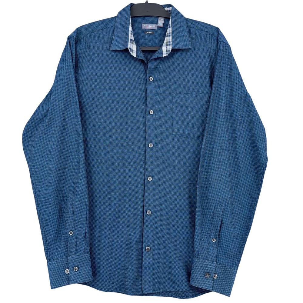 Van Heusen Flex Slim Fit Men L Cotton Blend Blue Micro Print Button Down Shirt